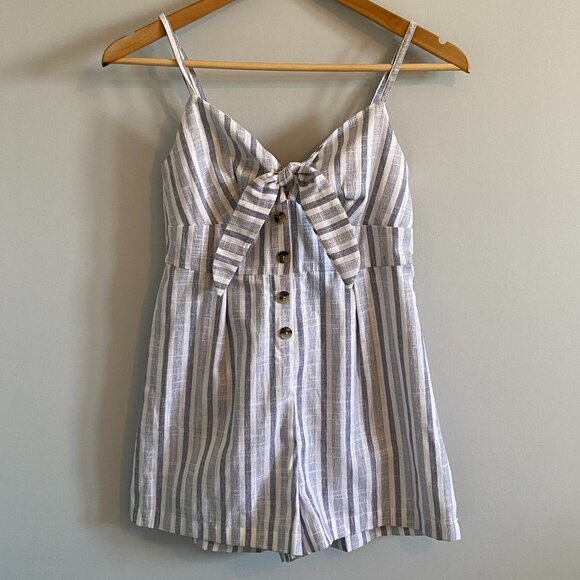 NWOT Blue Striped Thin Strap Cotton Romper with Bow, Cutout and Buttons Summer - Picture 1 of 11